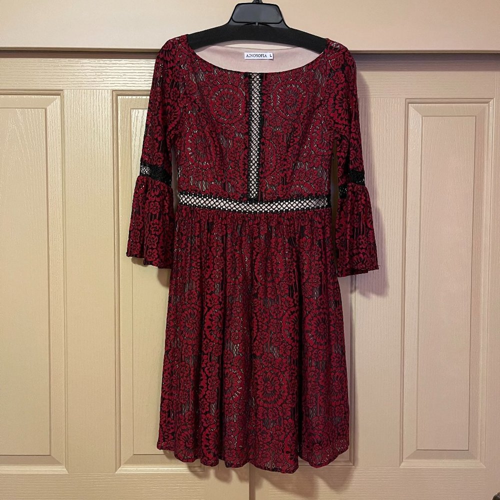Black & Red Lace Bell Sleeve Dress